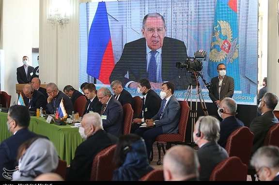 Russia foreign minister Sergey Lavrov addressing the Afghanistan conference in Iran. October 27, 2021