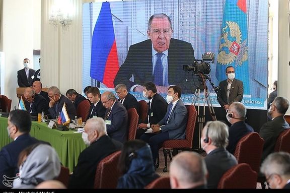 Russia foreign minister Sergey Lavrov addressing the Afghanistan conference in Iran. October 27, 2021