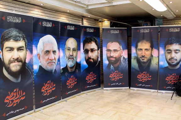 Posters depicting Iranians who were killed in an Israeli airstrike on the Iranian consulate in the Syrian capital Damascus are displayed at the Iranian embassy in Damascus, Syria April 3, 2024.