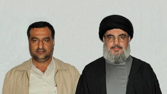 تصویری از حسن نصرالله کنار رضی موسوی، عضو ارشد سپاه که در سوریه کشته شد