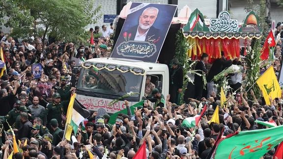 A scene of the service for Hamas leader Ismail Haniyeh in Tehran