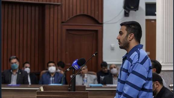 A photo of Majidreza Rahnavard in court where he was forced to say he was eager to be punished. Nov. 30, 2022