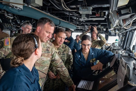 Gen. Erik Kurilla reviewing operations aboard USS THOMAS HUDNER in the Persian Gulf, August 2023