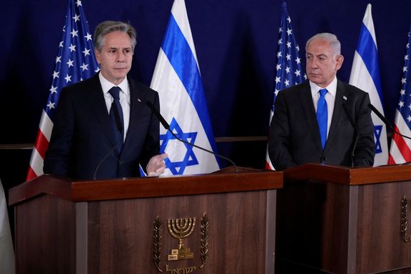 US Secretary of State Antony Blinken and Israel’s Prime Minister Benjamin Netanyahu make statements to the media inside The Kirya, which houses the Israeli Ministry of Defense, after their meeting in Tel Aviv, Israel, Thursday Oct. 12, 2023.