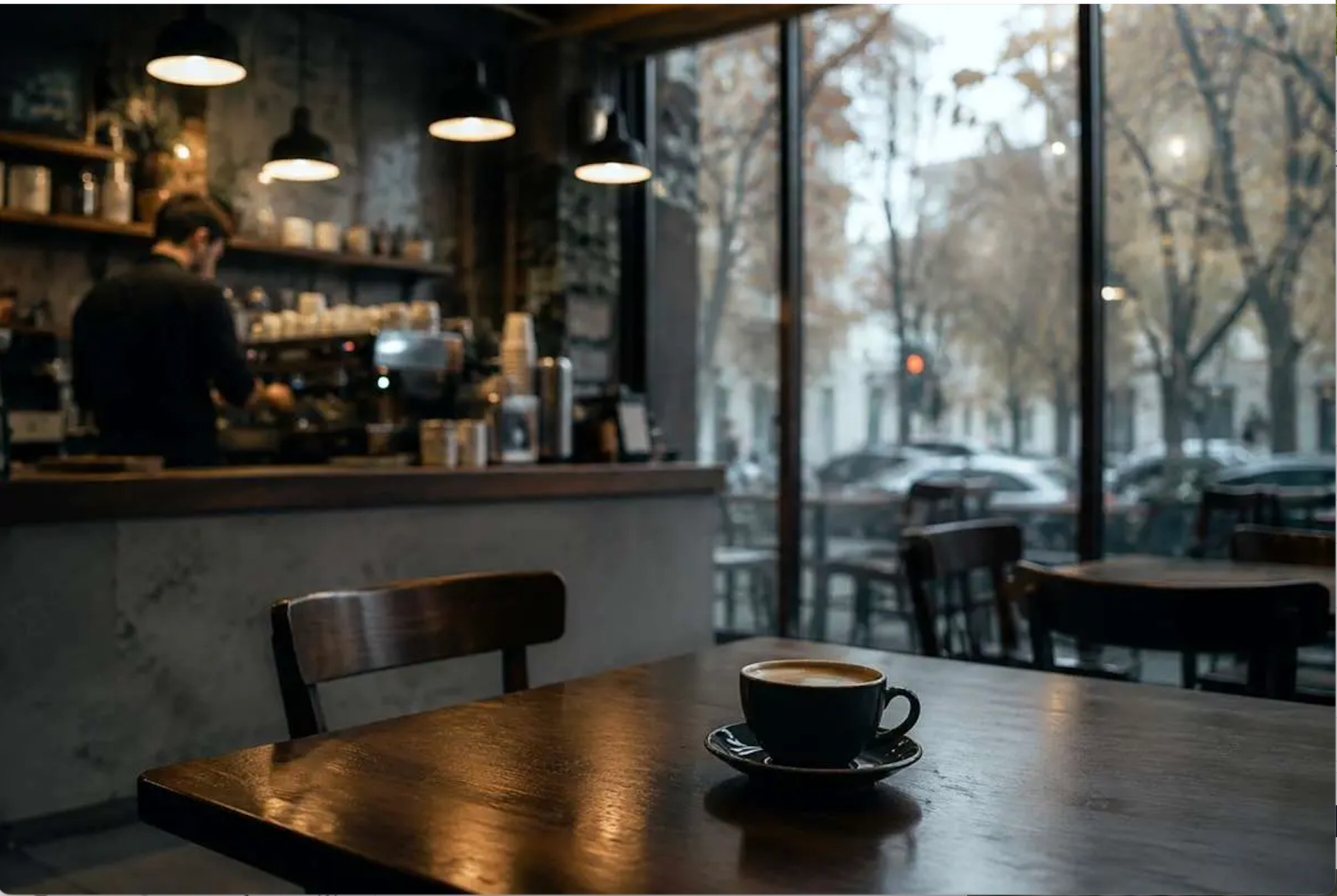A cup of coffee sits on a table inside a café in Iran.