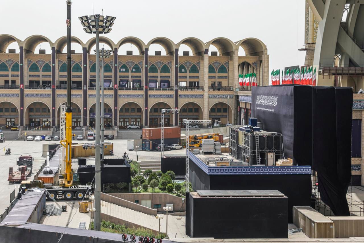 Tehran Grand Prayer Ground is being prepared on July 2, 2026 for funeral ceremonies of former Supreme Leader Ali Khamenei, with state facilities deployed at significant public expense.