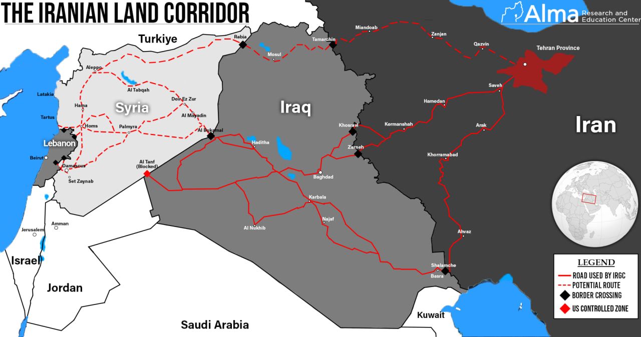 کریدور زمینی تسلیحاتی جمهوری اسلامی در منطقه با خطوط نقطه‌چین قرمز روی نقشه نشان داده شده است