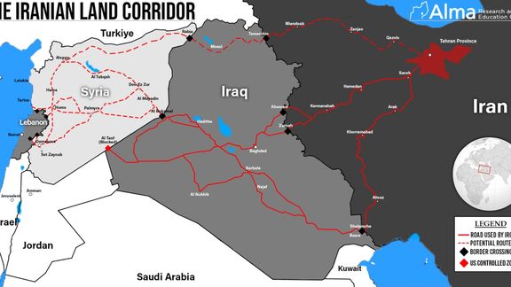 کریدور زمینی تسلیحاتی جمهوری اسلامی در منطقه با خطوط نقطهچین قرمز روی نقشه نشان داده شده است