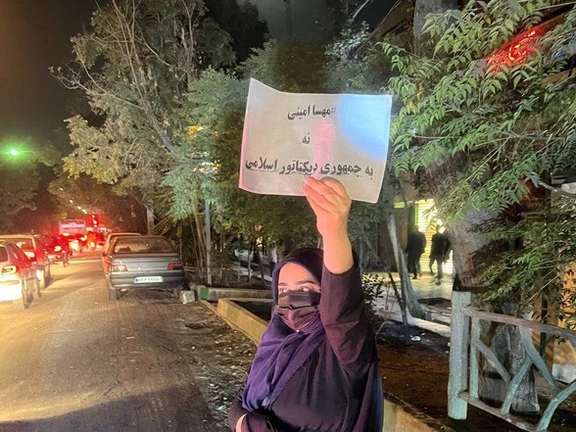 A lone woman in the street holding a sign that says, "NO to the dictatorial Islamic Republic