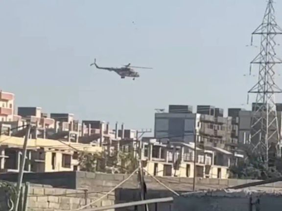 A military helicopter flying over Chabahar port on the Arabian Sea
