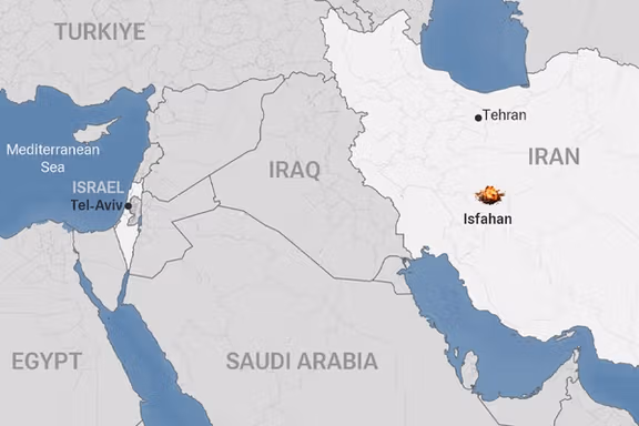 map of Iran and Israel with Isfahan (Esfahan) pinned as the target of Israeli attack on April 19, 2024