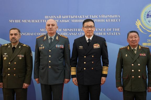 Defence Ministers Mohammad Reza Ashtiani of Iran, Ruslan Zhaksylykov of Kazakhstan, Dong Jun of China and Baktybek Bekbolotov of Kyrgyzstan pose for a picture a meeting of the Shanghai Cooperation Organisation (SCO) in Astana, Kazakhstan, April 26, 2024.