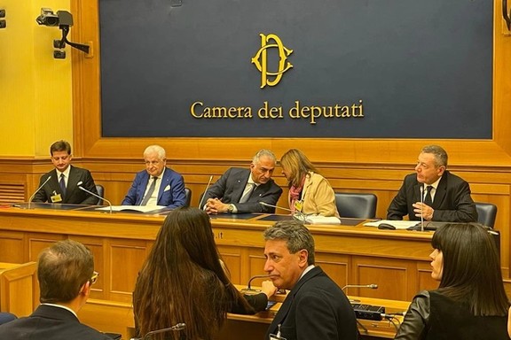 Iran’s exiled prince Reza Pahlavi (center) during a conference at the Italian Parliament on April 26, 2023