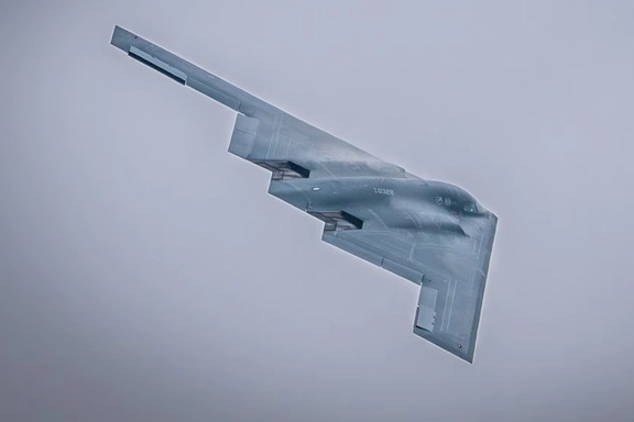 A US Air Force B-2 Spirit bomber performs a fly-over at Rosecrans Air National Guard Base in St. Joseph, Missouri, September 14, 2024.