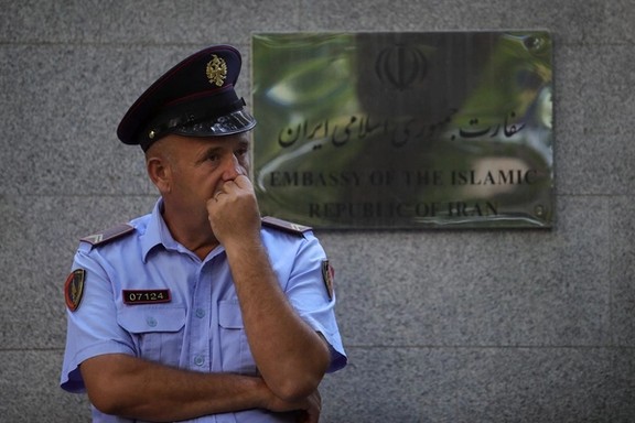 A police officer stands in front of the Embassy of the Islamic Republic of Iran, as Albania cuts ties with Iran and orders diplomats to leave over cyberattack, in Tirana, Albania, September 8, 2022.