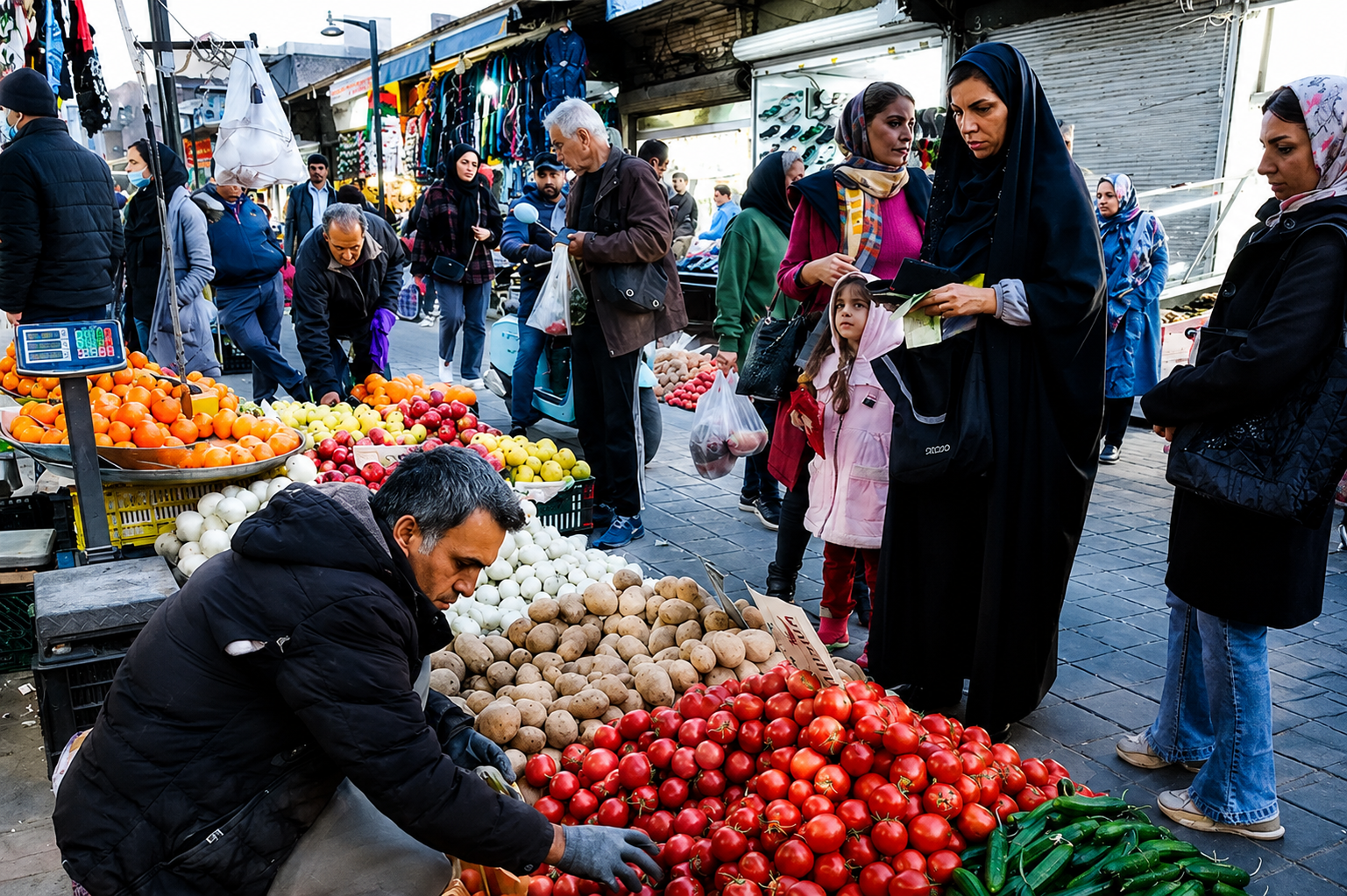 Shoppers buy fruit and vegetables at a market in Tehran amid rising food prices.