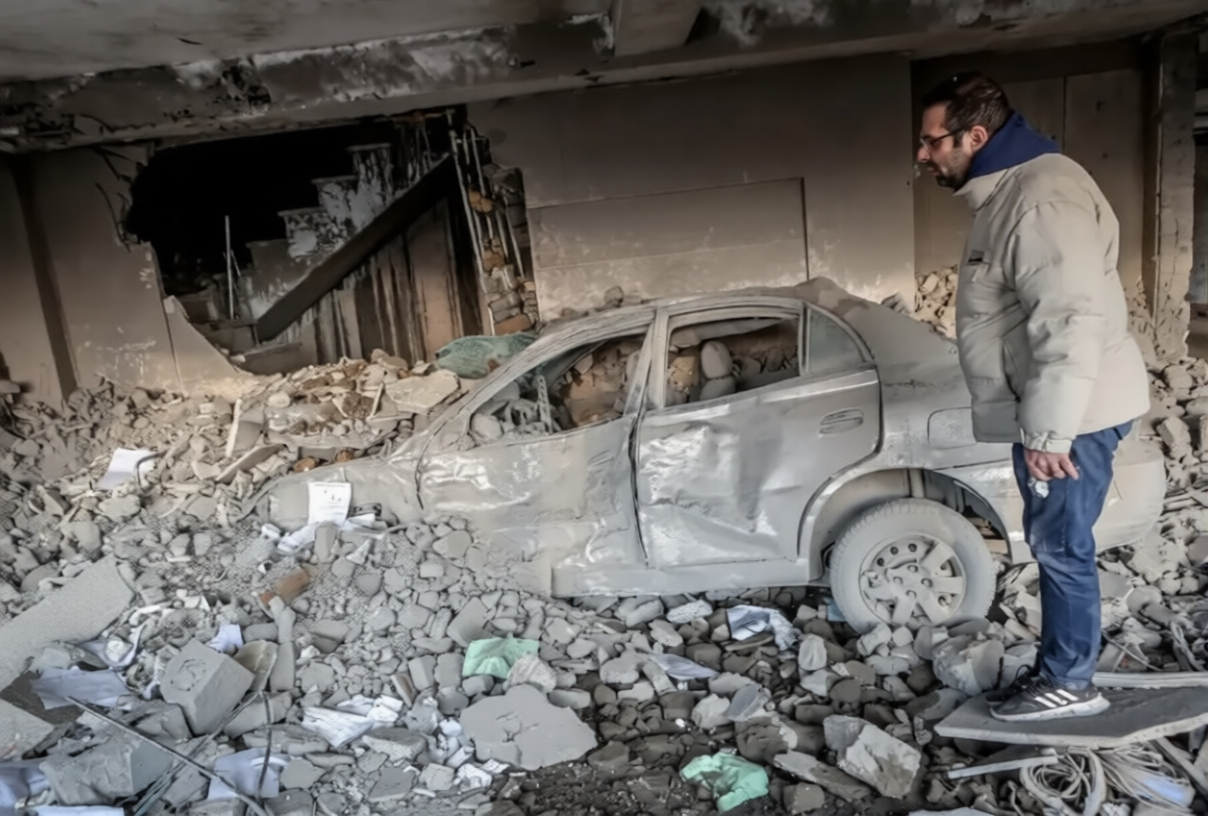 A man inspects a car buried under rubble inside a damaged building following strikes during the US–Israeli conflict with Iran.