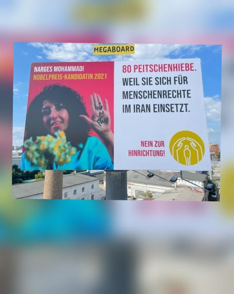 After publishing photos of her torture, a billboard for Iranian activist Narges Mohammadi in Vienna