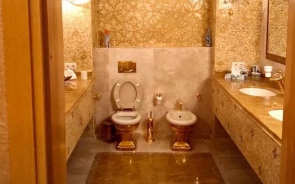 توالت طلایی که گفته میشود متعلق به یکی از حمامهای آپارتمان تیمور میندیچ، شریک تجاری سابق زلنسکی، است