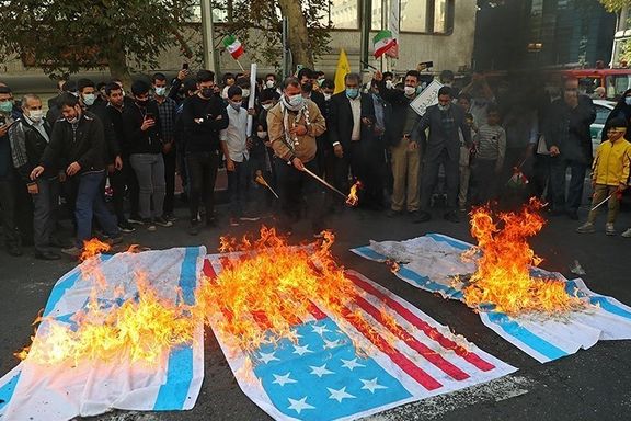 Burning US and Israeli flags is a common practice at government events in Iran. November 4, 2021