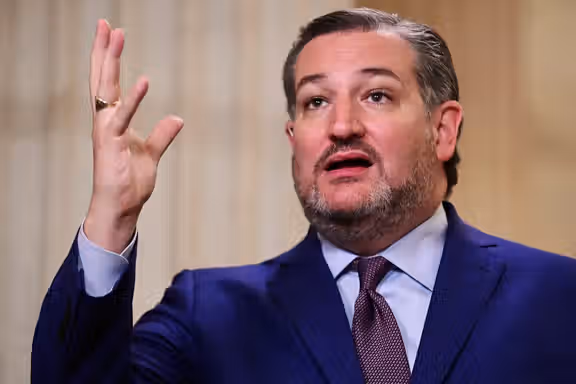 US Senator Ted Cruz (R-TX) speaks during a television interview at the US Capitol in Washington, April 28, 2021