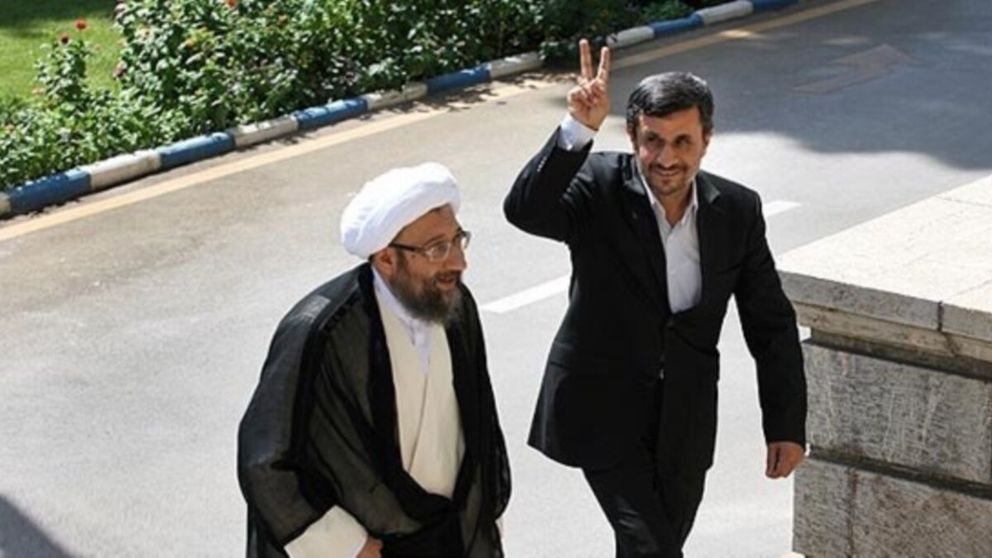 Sadeq Amoli Larijani (right), Iran’s current chairman of Expediency Discernment Council and former chief Justice, and former president Mahmoud Ahmadinejad  