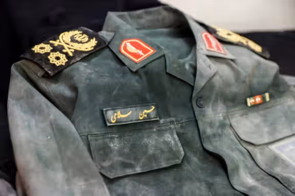 A uniform said to have been worn by Revolutionary Guards Corps Chief Commander Hossein Salami at the time of his death