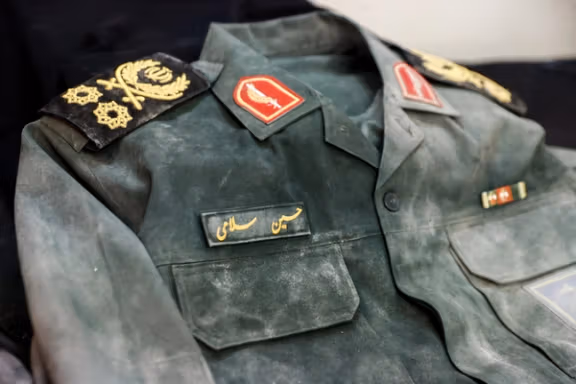 A uniform said to have been worn by Revolutionary Guards Corps Chief Commander Hossein Salami at the time of his death