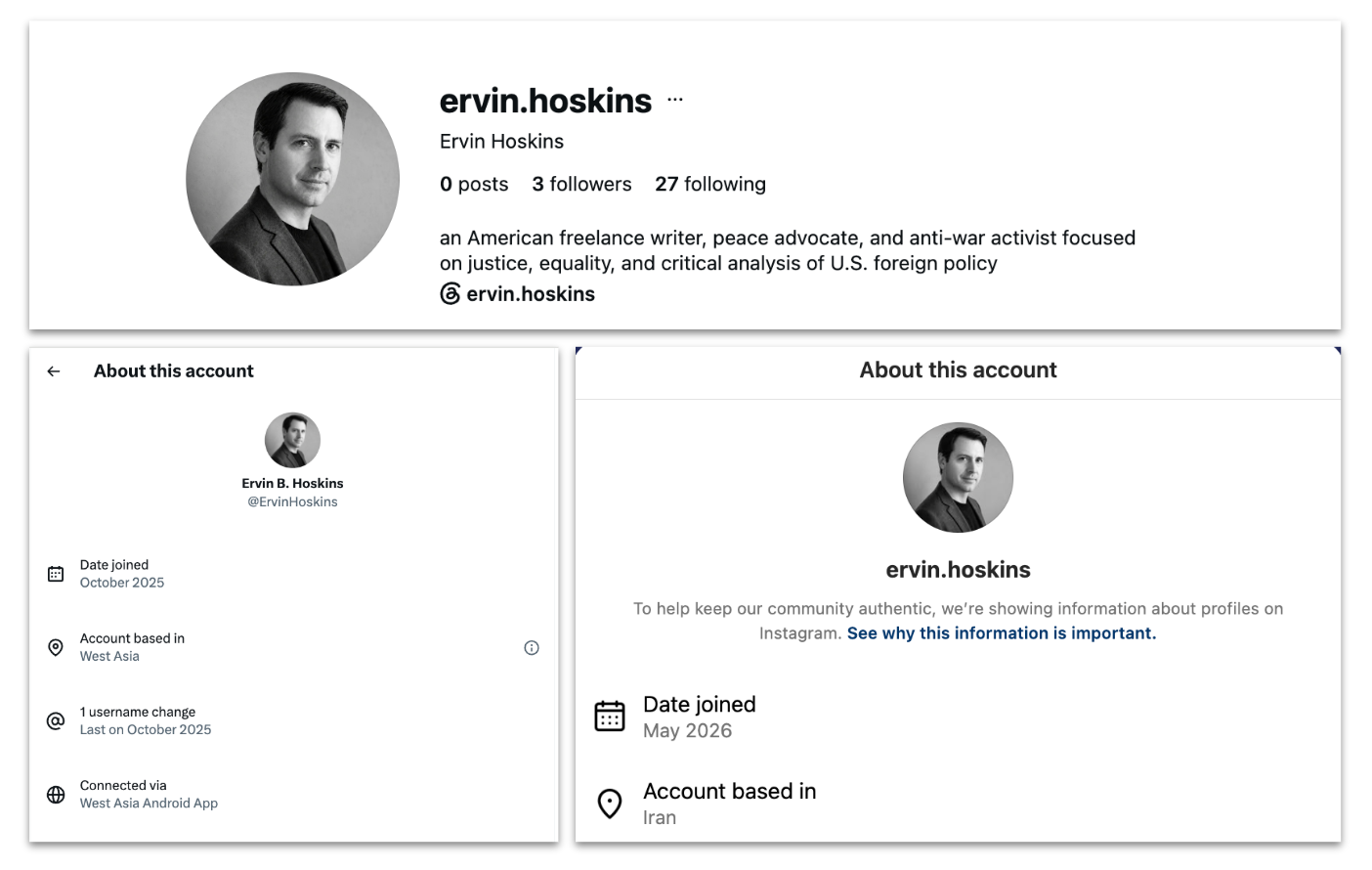 Social media accounts for the “Ervin B. Hoskins” fake journalist persona, which OpenAI said was used in an Iran-origin influence operation to place articles in online media outlets. (OpenAI)
