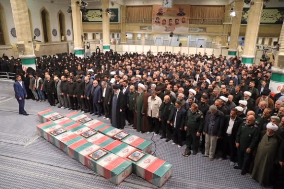 Iran’s Supreme Leader Ali Khamenei leading a funeral prayer for the Revolutionary Guards who were killed in an Israeli attack on Tehran’s consulate in Damascus, April 4, 2024