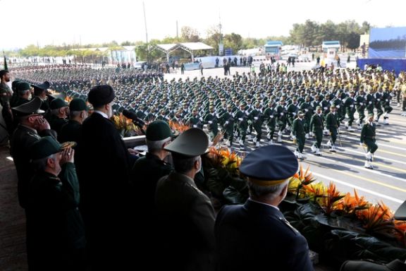 Iranian President Ebrahim Raisi during a military parade along with top military officials south of Tehran on September 22, 2023