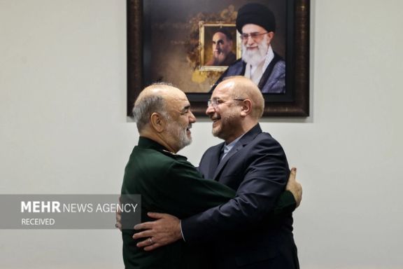 Hossein Salami, the Commander of the Revolutionary Guard (IRGC) (L), Parliament Speaker Mohammad Bagher Ghalibaf (R)