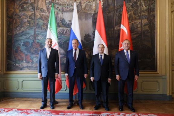 Foreign ministers Hossein Amirabdollahian of Iran, Sergei Lavrov of Russia, Faisal Mekdad of Syria and Mevlut Cavusoglu of Turkey pose for a picture during a meeting in Moscow, Russia, May 10, 2023.
