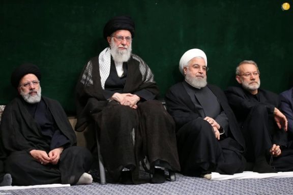Iran’s President Ebrahim Raisi (left), Supreme Leader Ali Khamenei (2nd left), former president Hassan Rouhani (3rd left), and former parliament speaker Ali Larijani (undated)