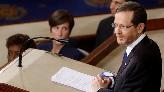 Israeli President Isaac Herzog addresses a joint meeting of Congress inside the House Chamber of the Capitol in Washington, July 19, 2023.