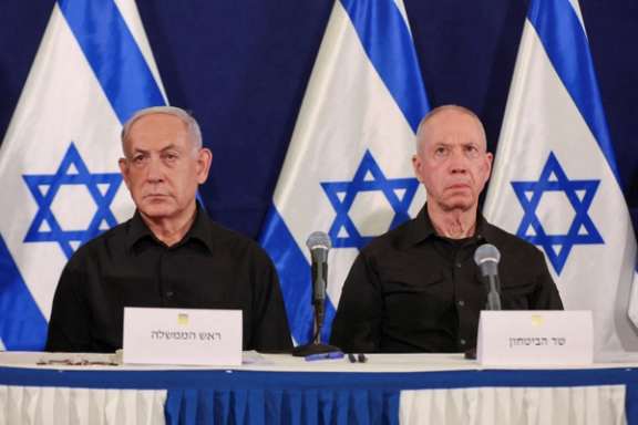 Israeli prime minister Benjamin Netanyahu and defense minister Yoav Gallant during a press conference in the Kirya military base in Tel Aviv , Israel , 28 October 2023.