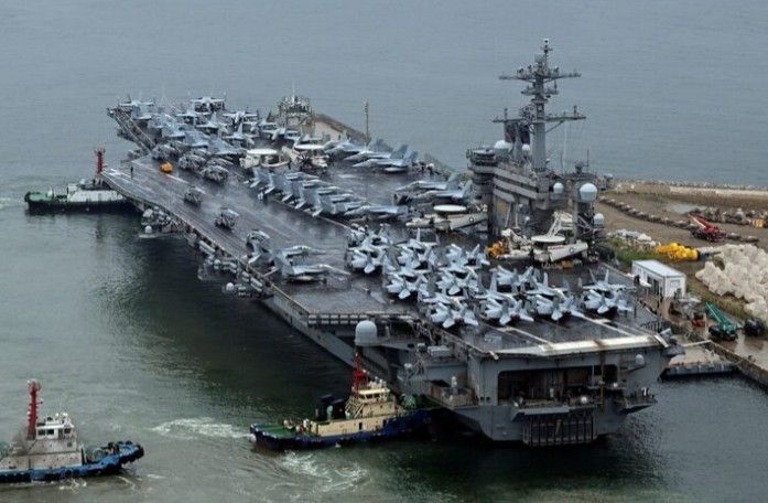 File photo shows nuclear-powered US aircraft carrier, the Theodore Roosevelt, in Busan, South Korea, on June 22, 2024. 