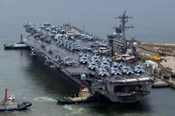 File photo shows nuclear-powered US aircraft carrier, the Theodore Roosevelt, in Busan, South Korea, on June 22, 2024.