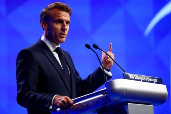 French President Emmanuel Macron delivers the keynote address at the IISS Shangri-La Dialogue security summit in Singapore, May 30, 2025.