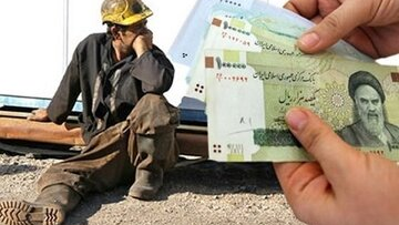 An Iranian worker sits in the background as someone counts currency in the foreground, symbolizing the economic struggles and declining purchasing power faced by laborers in Iran.