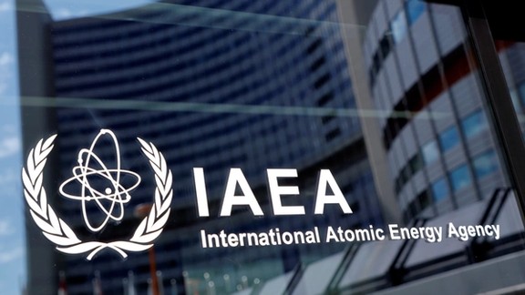 The logo of the International Atomic Energy Agency (IAEA) is seen at their headquarters during a board of governors meeting in Vienna, Austria.