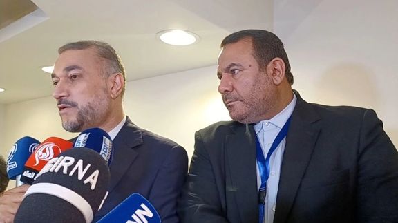 Iran’s Foreign Minister Hossein Amir-Abdollahian (left) on the sidelines of an emergency meeting of the Organization of Islamic Cooperation’s (OIC) executive committee in Saudi Arabia’s Jeddah on October 18, 2023