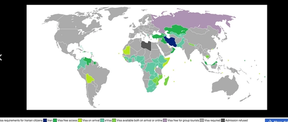 Wikipedia's visa requirements map for Iran