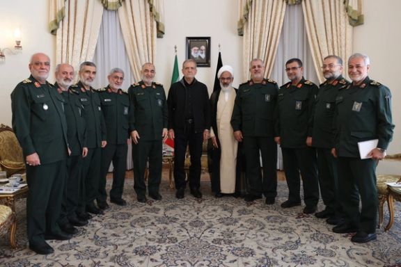 President-elect Masoud Pezeshkian during a meeting with senior IRGC commanders in Tehran, July 14, 2024