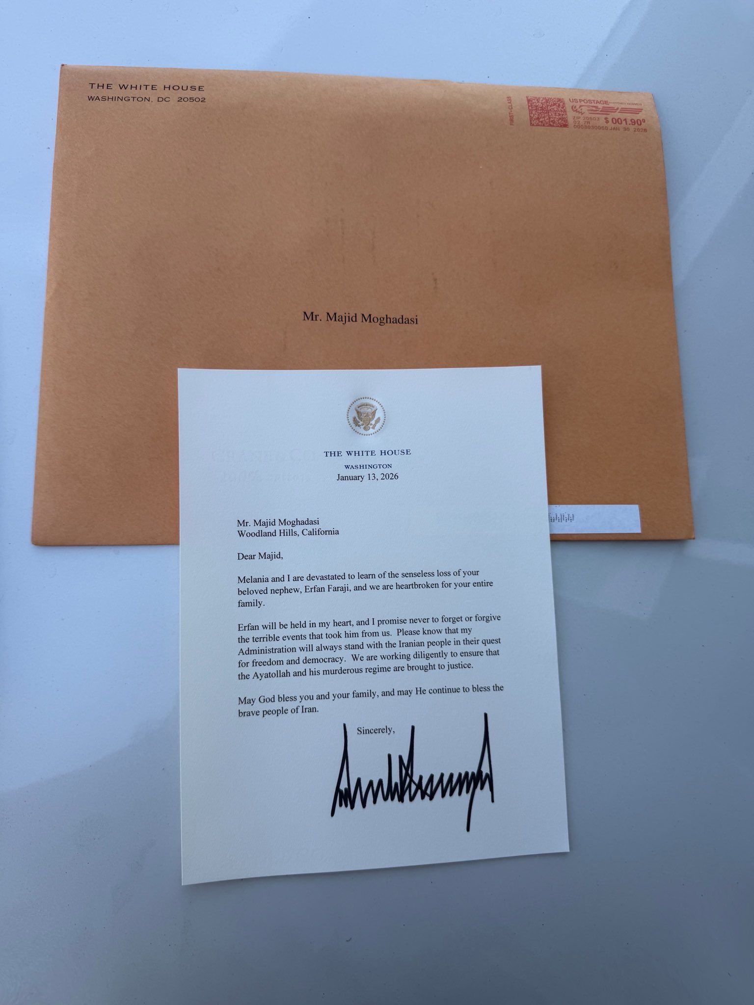 نامه ترامپ به یک دادخواه انقلاب ملی: آیت‌الله و حکومت آدمکش او را به پای عدالت می‌کشانم