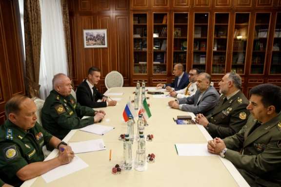 Russian Deputy Defense Minister Alexander Fomin (2nd left) and Iranian Army's Ground Force Commander Kioumars Heydari (2nd right) during a meeting in Moscow on August 23, 2023