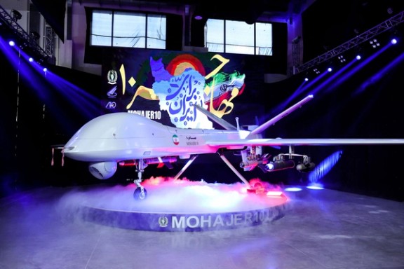 Mohajer-10 drone on display during a ceremony marking Iran's Defense Industry Day on August 22, 2023