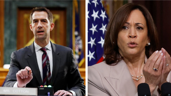A composite image of Senor Tom Cotton, Vice President Kamala Harris
