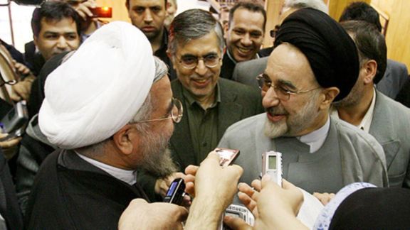 Former Presidents Mohammad Khatami (R) and Hassan Rouhani during an election campaign