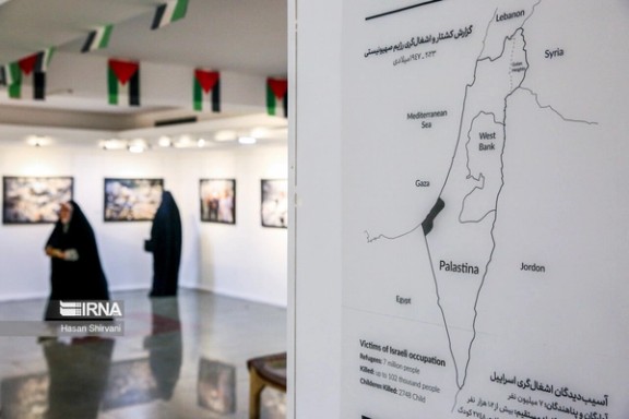 A map of Israel on the wall of a gallery hosting a regime-sponsored pro-Hamas art event in Tehran
